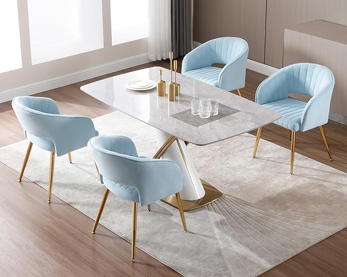 KCC Modern Accent Dining Chairs Set of 4, Upholstered Velvet Dining Room Chairs with Hollow Back, Tufted Kitchen Chairs Side Chairs with Gold Metal Legs for Living Room Restaurant, Baby Blue