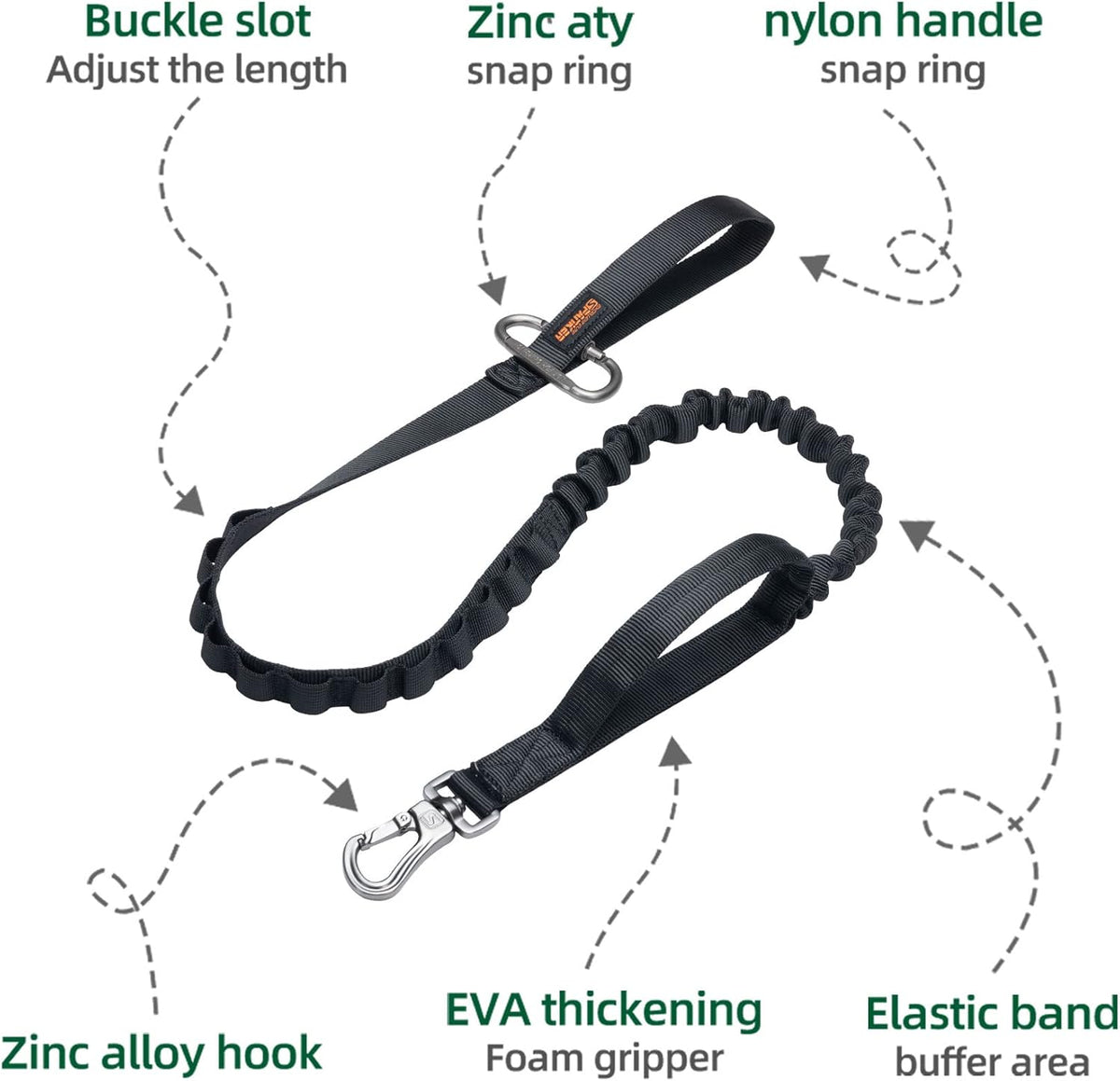 EXCELLENT ELITE SPANKER Tactical Bungee Dog Leash Military Adjustable Dog Leash Quick Release Elastic Leads Rope with 2 Control Handle(Black