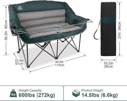 LANMOUNTAIN Fully Padded Folding Double Camping Chairs,Comfy Oversized Loveseat Lawn Chair w/Wine Glass Holder,Cup Holder,Heavy Duty Outdoor Portable Camp Couch Support 600 Lbs,Dark Green