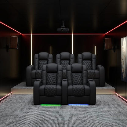 Weilianda Home Theater Seating Top Grain Leather Zero Gravity Recliner Chair Power Headrest Recline Movie Seat Gaming 7 Colors Mood Light Sofa with Tray Table USB Charge Row of 2 Black