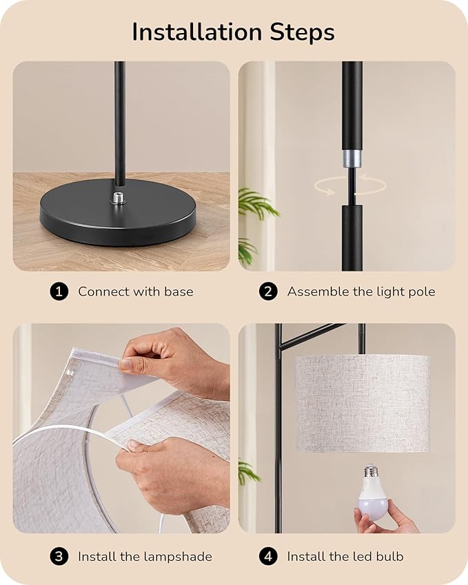 EDISHINE Modern Floor Lamps for Living Room, 64.7" Minimalist Standing Lamp with 3 Color Temperatures Bulb & Adjustable Linen Shade, Foot Pedal Switch, Arc Tall Lamp for Bedroom Office, Black