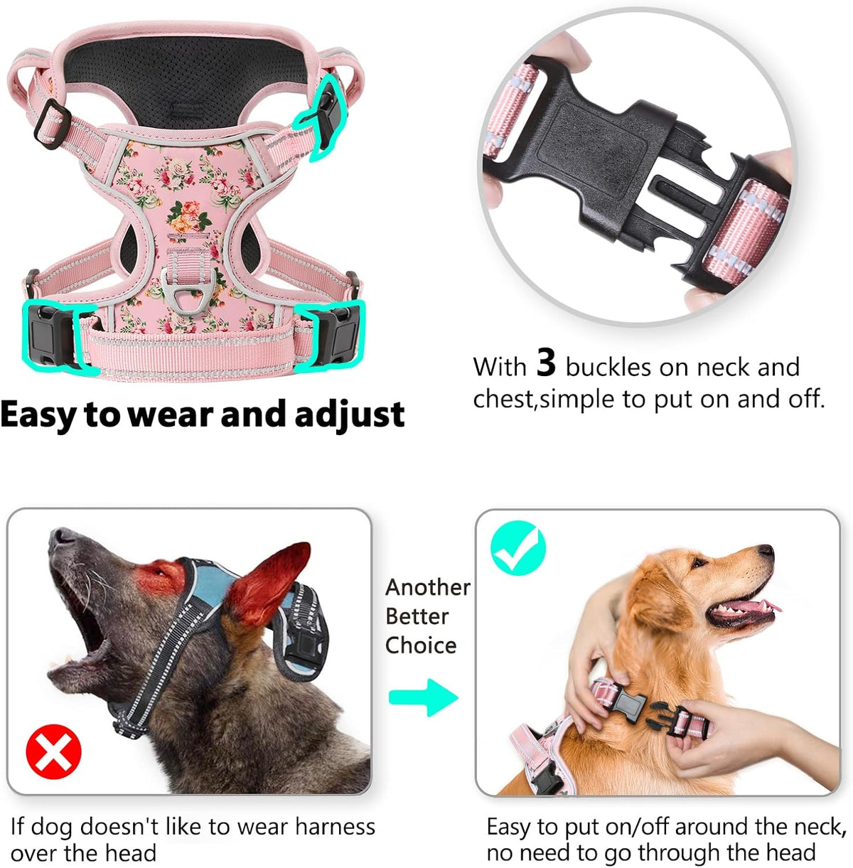 Timos No Pull Dog Harness, Release at Neck Reflective 3 Snap Buckles Adjustable No Choke Pet Vest with Front & Back 2 Leash Clips, Soft Padded Control Training Handle for Small Medium Large Dogs