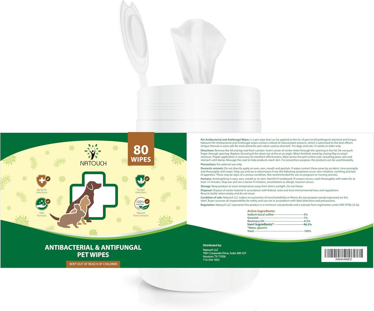 Antifungal and Antibacterial Wipes for Dogs & Cats, Dog Yeast Infection Treatment Wipes, All Natural Grooming Wipes for Cleaning, Help with Hot Spots, Ringworm, and Skin Infections, 80 Count