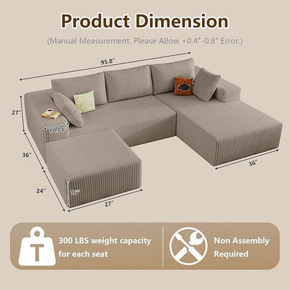96" U-Shape Cloud Couch, Modern Modular Sectional L-Shape Sofa with Ottoman, Corduroy Upholstered Couches Deep Seat Chaise Longue for Living Room, No Assembly Required(Camel, Right Facing)