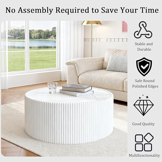 White Round Coffee Table with Sintered Stone Tabletop, 29.52" Drum Coffee Table with Fluted PU Leather Covered and Stable Base, Circle Cocktail Tea Table for Living Room