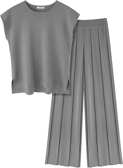 Ekouaer Lounge Sets for Women Two Piece Outfits Knit Cap Sleeve Tops Wide Leg Pleated Pants Casual Dressy Sweater Sets