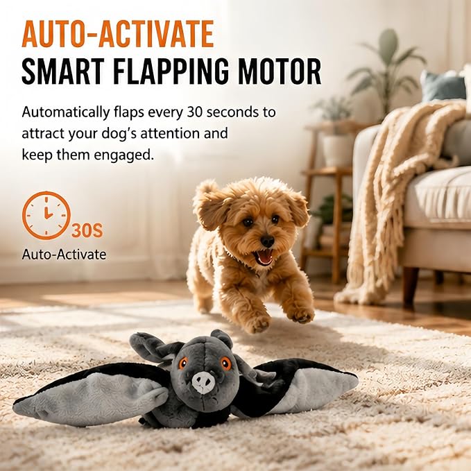 Flying Bat Toy for Dogs & Cats, Flapping Wings Interactive Pet Toy，2 | Flapping bat toy with chirping engages cats and dogs, mimics real flying motion. Cute interactive pet teaser