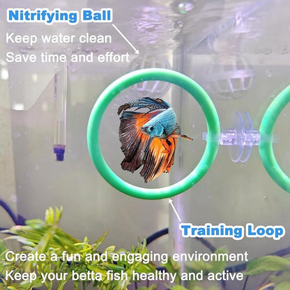Betta Fish Toys - 4 Training Rings & 2 Bio Filter Balls, Beta Exercise Loop Toys and Nitrifying Balls Set, Betta Fish Tank Accessories Feeding Ring for Small Tank Decor Aquarium Water Conditioner