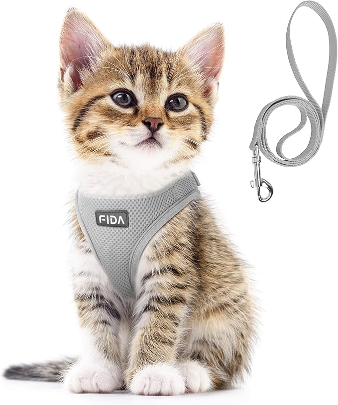 Fida Cat Harness and Leash Set for Walking Kitten and Puppy, Escape Proof Kitten Harness with Breathable Lightweight Soft Mesh, Adjustable Reflective Step-in Design for Kitten and Puppy.(XXXS, Grey)