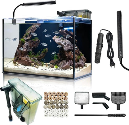 10 Gallon Aquarium Set Glass Fish Tank, Heater Self Cleaning System Filter with Media Bright Light Cleaning Tool, Leak-Proof Clear Rimless Betta Tropical Freshwater Fish