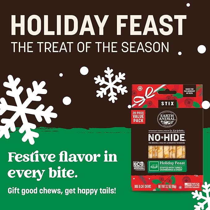 Earth Animal No Hide Stix - Long Lasting Rawhide Free Small Dog Chews Sticks, Holiday Feast - 20 Count Value Pack