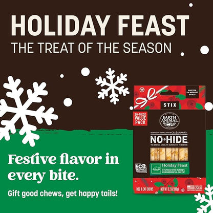 Earth Animal No Hide Stix - Long Lasting Rawhide Free Small Dog Chews Sticks, Holiday Feast - 20 Count Value Pack