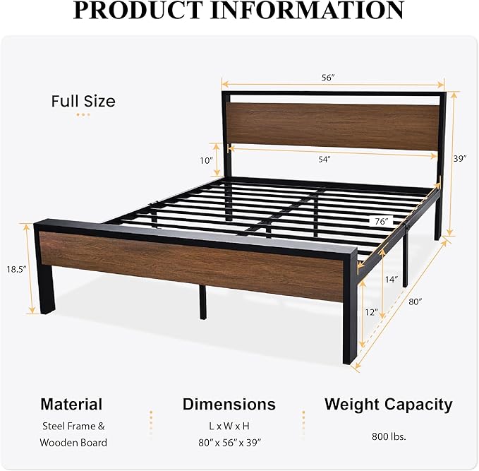 SHA CERLIN 14 Inch Full Size Metal Platform Bed Frame with Wooden Headboard and Footboard, Mattress Foundation, No Box Spring Needed, Large Under Bed Storage, Non-Slip Without Noise, Walnut