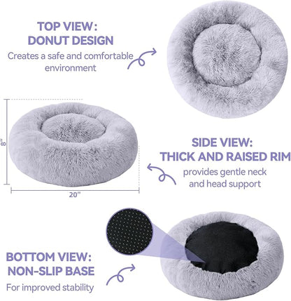 Cat Beds for Indoor Cats, Washable 20" Donut Pet Bed for Small Dogs | Fluffy pet bed with cozy plush comfort and supportive raised sides, perfect for lounging, napping and relaxing indoors.