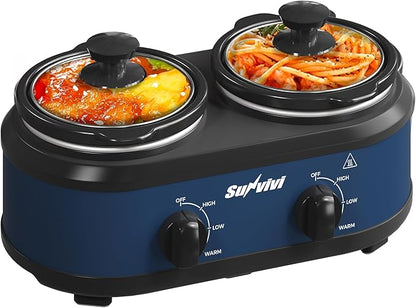 Sunvivi Double Slow Cooker, 2 Removable Pots Small Mini Crock Buffet Server and