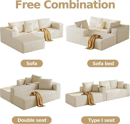 108'' Modular Sectional L-Shaped with Chair,Deep Seat Boneless Corner Couch for Living Room,Plush Corduroy Couch with Detachable Sofa Set,No Assembly (Left Facing Chaise,Beige)