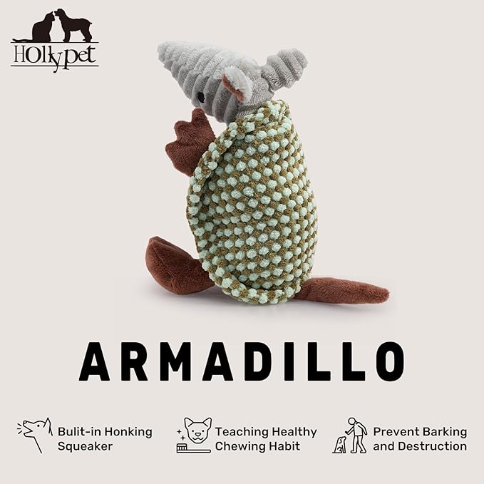 Hollypet Plush Dog Squeaky Toy Stuffed Armadillo Animal Pet Puppy Chew Toys with Clean Teeth for Small Medium Large All Breed Sizes Dogs, Light Green and Olive Drab,8 in