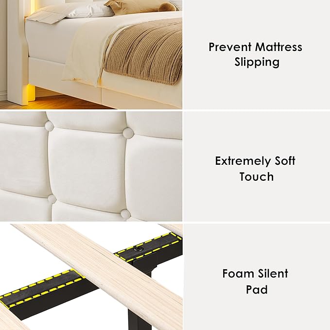 Keyluv Upholstered Queen Floating Bed Frame with RGB LED Lights and Charging Station, Velvet Platform Bed with Button Tufted Storage Headboard, Type-C & USB Charging Ports, No Box Spring Needed, Beige