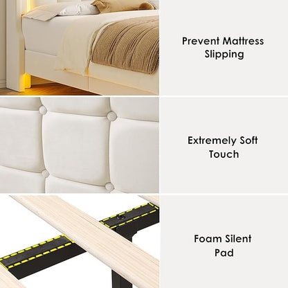 Keyluv Upholstered Queen Floating Bed Frame with RGB LED Lights and Charging Station, Velvet Platform Bed with Button Tufted Storage Headboard, Type-C & USB Charging Ports, No Box Spring Needed, Beige