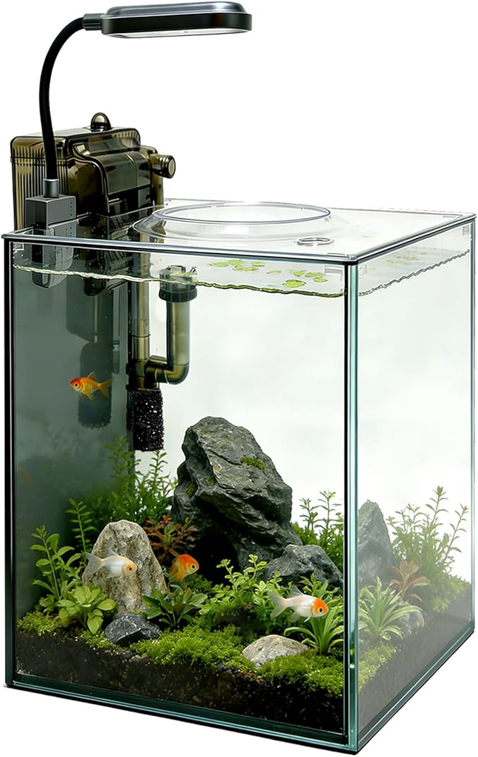 2.1 Gallon Nano Aquarium Kit with Lid, Space Saving Hang-On Filter and LED Light, Ultra-Clear Rimless Glass Desktop Fish Tank for Small Fish, Shrimp, and Betta