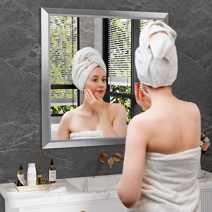 Amorho 36x36 Inch Bathroom Mirror Silver, Thick Metal Framed Wall Mirrors