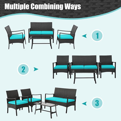 Tangkula 8 Pieces Rattan Conversation Set, Patio Sofa Couch Set with Tempered Glass Coffee Table, Seat Cushions, Outdoor Wicker Loveseat Set for Poolside, Courtyard, Balcony (2, Turquoise)