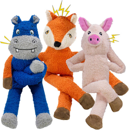 3 Pack No Stuffing Crinkle Squeaky Interactive Plush Dog Toys for Aggressive Chewers to Keep Puppy Busy for Boredom Small & Medium Breeds Furry Friend Teething Orange Fox Pink Pig Blue Hippo
