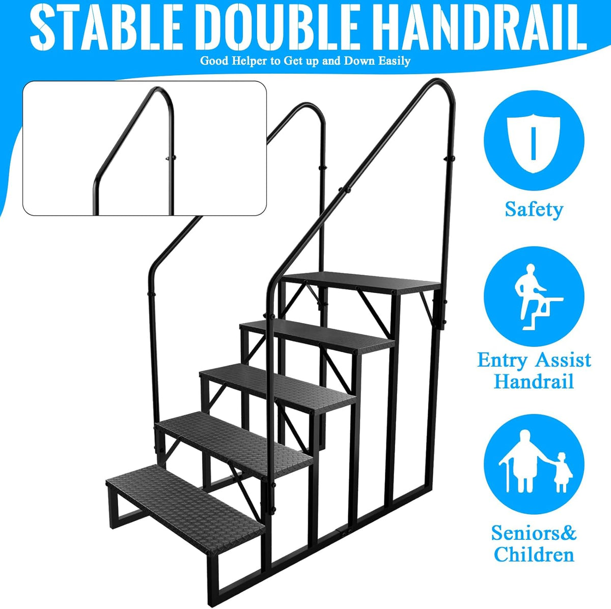 RV Stairs 5 Step Ladder, RV Steps Anti-Slip, Hot Tub Steps with Handrail, 660 lbs RV Ladder for 5th Wheel RV, Mobile Home Stairs（2 Handrails