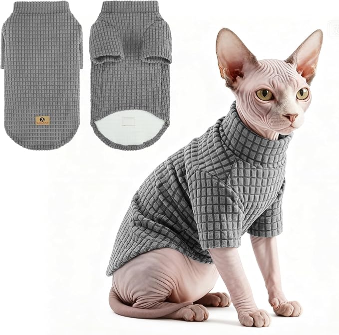 KOOLTAIL Cat Sweater for Sphynx - Soft Fleece Sweaters for Cats Only, Elastic Pet Clothes with Sleeves, Thick Winter Warm Cold Weather Apparel for Hairless Cat, Puppy Pajamas for Small Dogs, Grey M