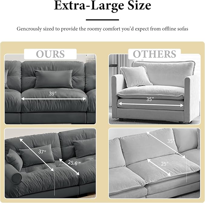 166" Grey Modular Sectional Sofa, 4 Seater Large Sectional Couches for Living Room, Velvet Fabric Oversized Fluffy Cloud Couch with Ottoman, Deep Seat Home Sofas Set, Sofá Moderno, L Shaped