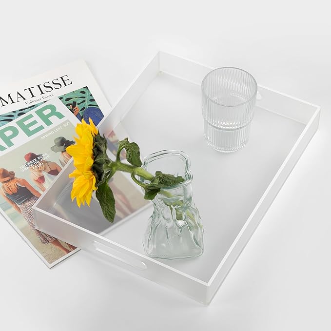 16"x12" Large Acrylic Serving Tray Decorative Ottoman Coffee Table Vanity Tray Tea Fruit Platter Snack Appetizer Dessert Drink with Handles for Bar Kitchen Party, Frosted