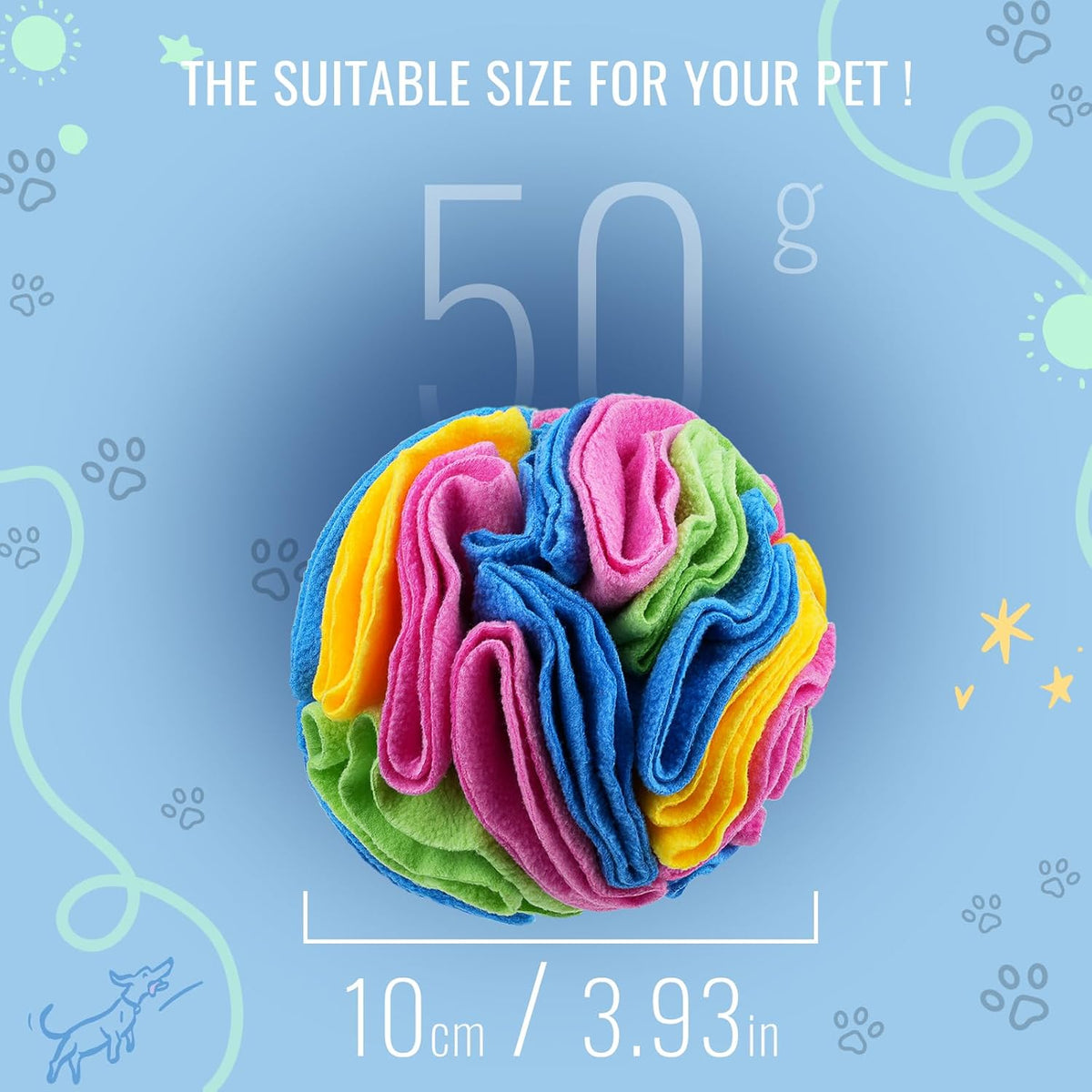 Pet Snuffle Ball, Puzzle Sniffing Interactive Dog Ball for Blind Dogs Training Stress Relief Dog Enrichment Toys Treat Machine Washable (New Rainbow Color, 10cm)
