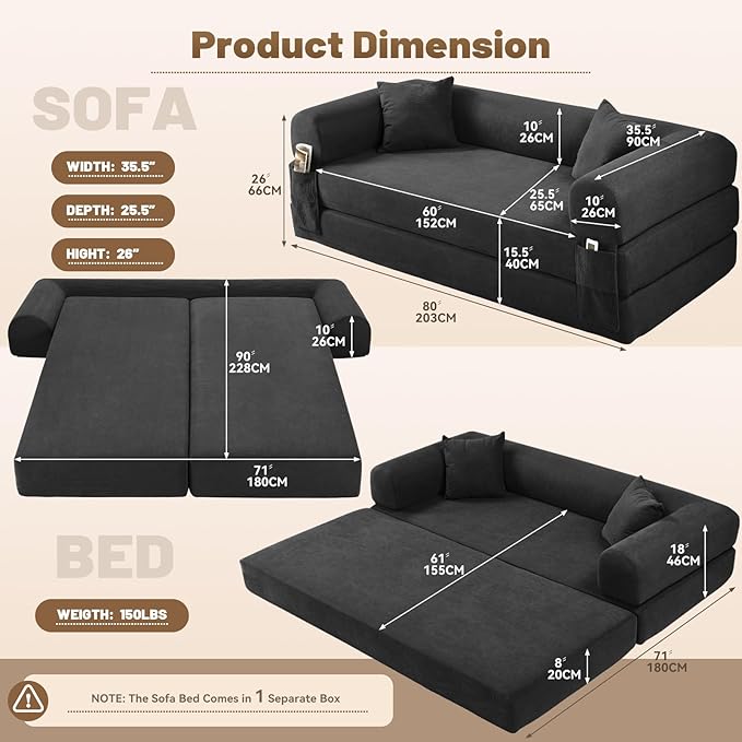 Convertible Futon Sofa Bed,80" Folding Pull Out Couch Bed with Pillows & Storage Pocket, Oversized Queen Sleeper Sofa in a Box,Corduroy Boneless Couch for Living Room,Deep Gray