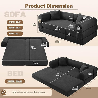 Convertible Futon Sofa Bed,80" Folding Pull Out Couch Bed with Pillows & Storage Pocket, Oversized Queen Sleeper Sofa in a Box,Corduroy Boneless Couch for Living Room,Deep Gray