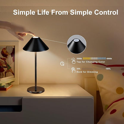 Black Cordless Lamp Set of 2, Rechargeable Battery Table Light Metal Lampshade with Flexible Height Pole, 3 Color Dimmable Bedside Touch Lamp, Portable Wireless Lamp for Reading/Home