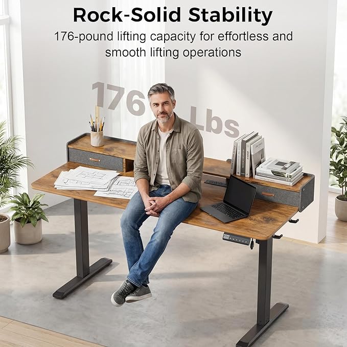 Electric Standing Desk with Drawers, 63 Inch Height Adjustable Desk with Power