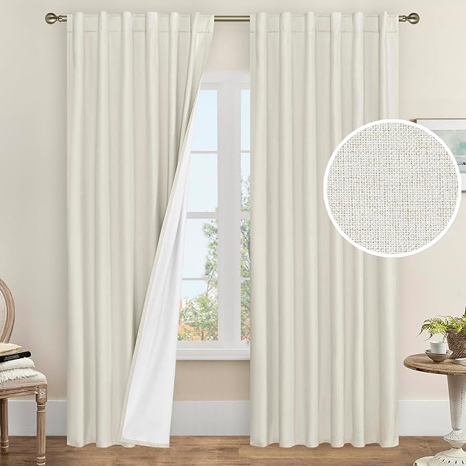 LAMIT 100% Blackout Curtains for Bedroom, 90 Inch Linen Textured Thermal