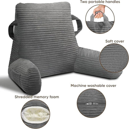 ABROLOY Reading Pillow for Sitting in Bed Adult, Bed Reading Pillow with Shredded Memory Foam, Back Pillow for Sitting with Arms and Pockets, Gery