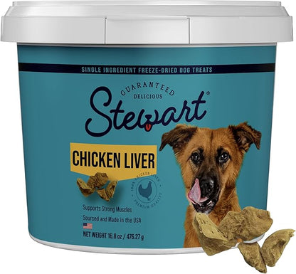 Stewart Chicken Liver Dog Treats, 16.8 oz, ~315 Pieces, Freeze Dried Raw, Single Ingredient, 60% Protein Training Treats or Meal Topper in a Value Size Resealable Tub, Grain Free, Gluten Free