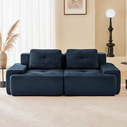 80" Modern Corduroy Boneless Love Seat Couches, 2 Seater Large Sectional Couches for Living Room, Blue Cloud Modular Sectional Sofa, Memory Foam, Extra Deep Loveseat, No Assembly