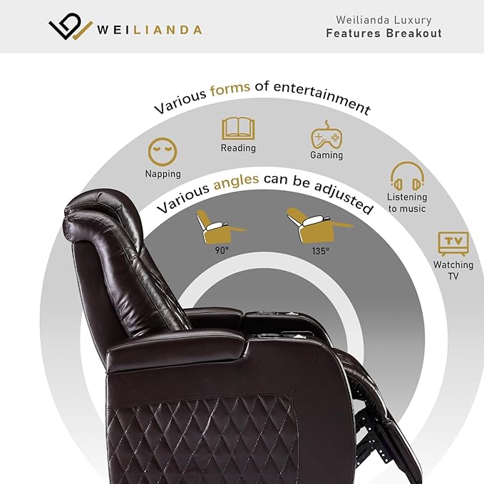 Weilianda Home Theater Seating Top Grain Leather Zero Gravity Recliner Chair Power Headrest Recline Movie Seat Gaming 7 Colors Mood Light Sofa with Tray Table USB Charge Row of 2 Loveseat Brown
