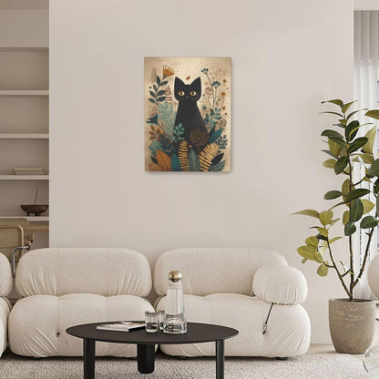 Boho Black Cat Wall Art Kitten Botanical Wall Decor Mid Century Modern Canvas Painting Print Minimalist Pictures Artwork Framed Decorations Gifts for Cat Lover Bathroom Nursery Living Room Bedroom Kitchen 12"x16"
