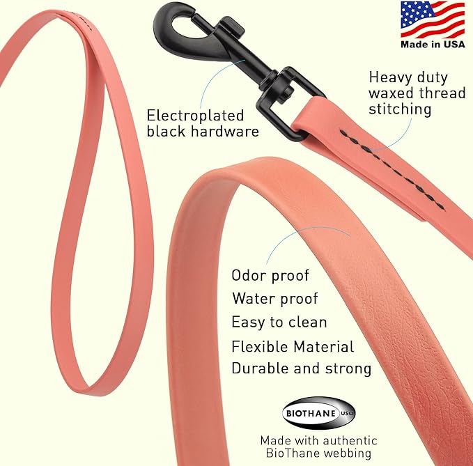 Dogline Biothane Waterproof Dog Leash Strong Coated Nylon Webbing with Black Hardware Odor-Proof Easy to Clean High Performance for Small or Large Dogs Made in USA 4 or 6 ft Lead, Coral