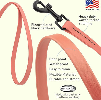 Dogline Biothane Waterproof Dog Leash Strong Coated Nylon Webbing with Black Hardware Odor-Proof Easy to Clean High Performance for Small or Large Dogs Made in USA 4 or 6 ft Lead, Coral