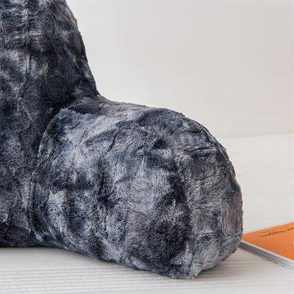 A Nice Night Faux Fur Soft Reading Pillow Bed Wedge Adult Backrest with Arms Back Support for Sitting Up in Bed/Couch for Bedrest,Tie Dyed Gray,Large