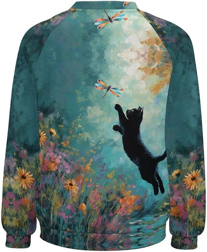 Abstract Cute Cat Shirts for Women Long Sleeve Lady Crewneck Pullover Sweatshirt Fall Winter Oversized Tops