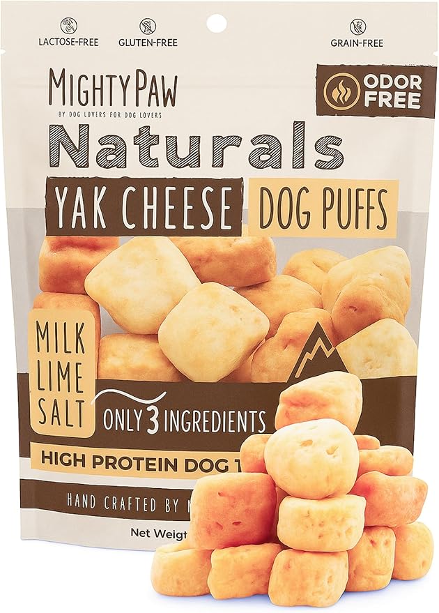 Mighty Paw Yak Cheese Puffs for Dogs - All-Natural Pet Treats for All Sized Breeds - Odorless Limited-Ingredient Chews for Puppies & Power-Chewers - Rich in Protein and Calcium - Easy to Chew (12 oz.)