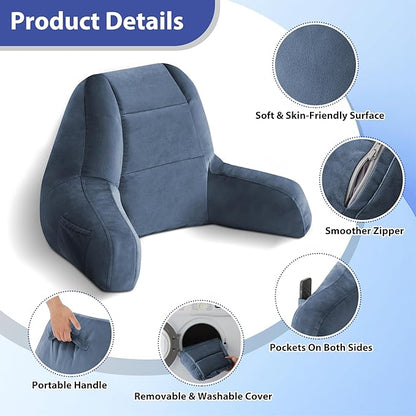 IASEAHK Reading Pillows for Sitting in Bed Adult, Back Pillow for Bed Sitting Up, Backrest Pillows with Shredded Foam for Adult&Teens, Support Pillow with Arms for Beds, Couch, Floor, 20in, Navy Blue