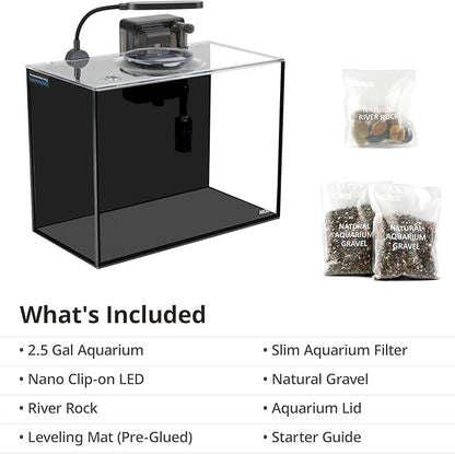 NICREW 2.5 Gallon Nano Nature Aquarium Kit, Ultra-Clear Rimless Desktop Fish Tank with Light, Filter, Gravel and Rock, Perfect for Small Fish, Shrimp, or Betta, Complete Version, Black