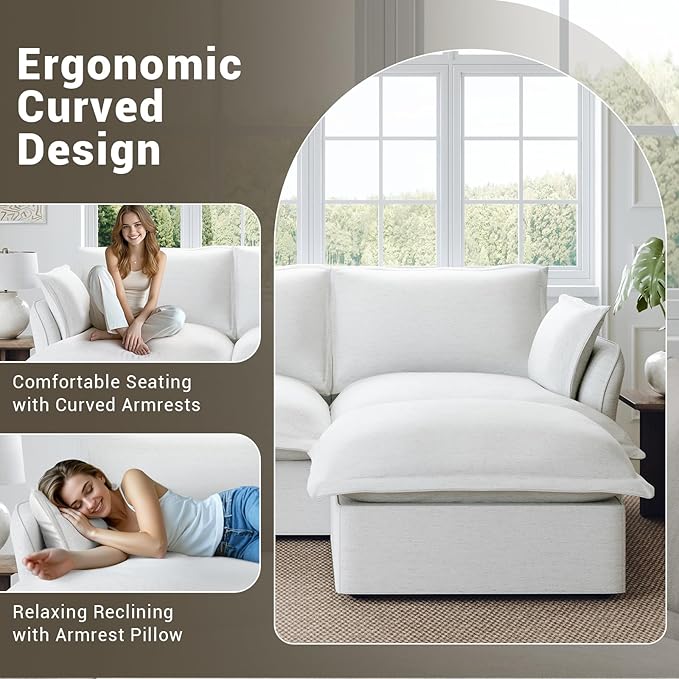 Lopzeho Oversized Cloud Modular Sectional Sofa, Comfy Down Filled Cloud Couch with Removable Cover, Modern Loveseat Couch, Deep Seat Sectional Couches for Living Room, Cream White